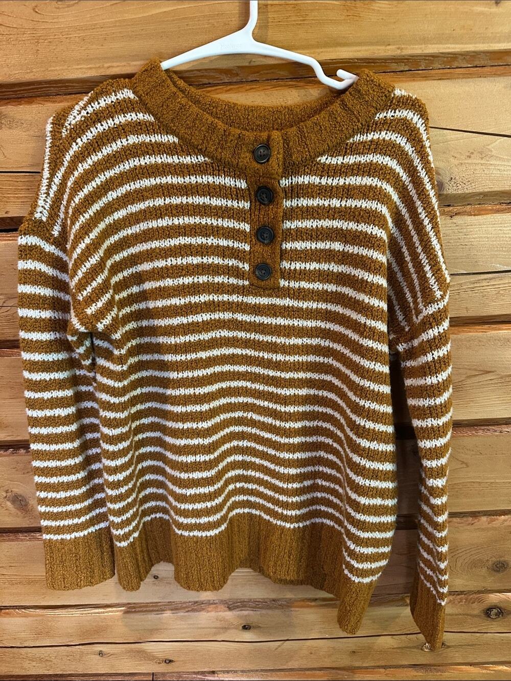 American Eagle Outfitters Striped Crewneck Henley Sweater in Mustard and White